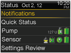 Status menu screen