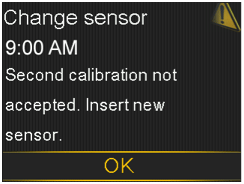 Change sensor second calibration not accepted screen