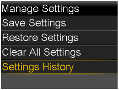 Select Settings History screen