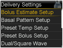 Select Bolus Estimate Setup screen
