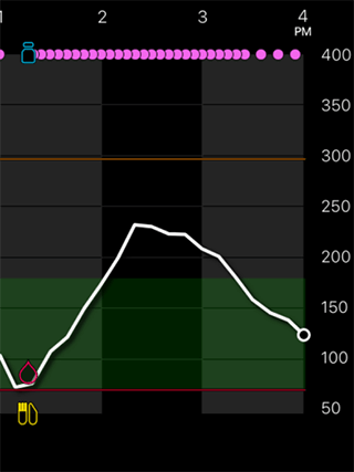 glucose values and event markers graph