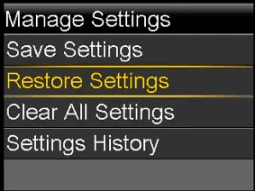 Restore Settings screen