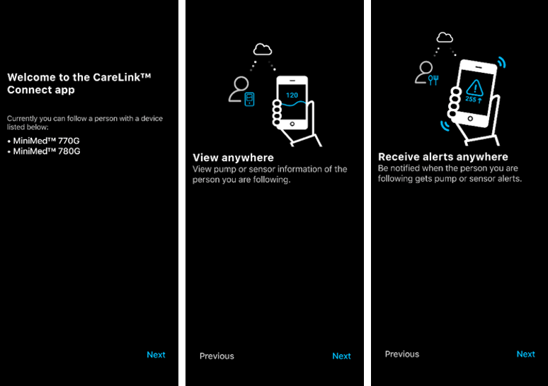 CareLink Connect app information screens
