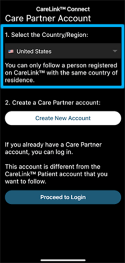 CareLink Connect app country select screen