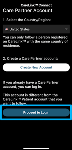 CareLink Connect app proceed to login screen