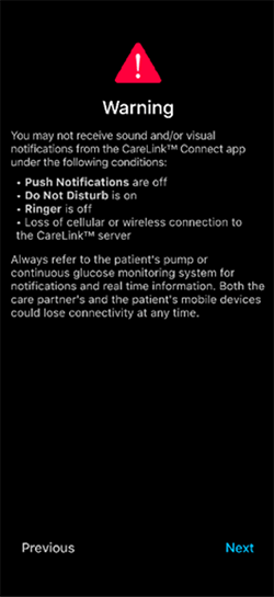 CareLink Connect app warning screen