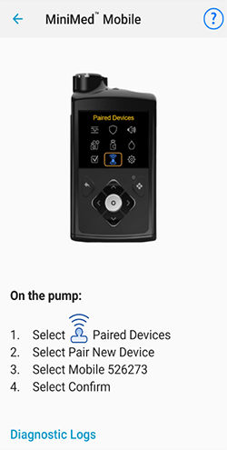 MiniMed Mobile App pairing mode screen