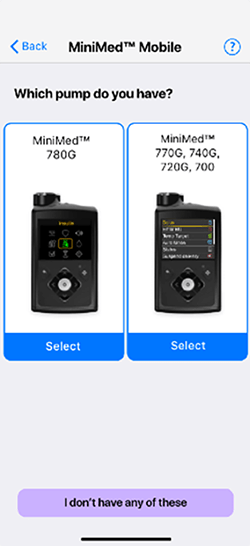 MiniMed Mobile App pump select screen