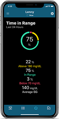 Smartphone showing time in range on the MiniMed mobile app