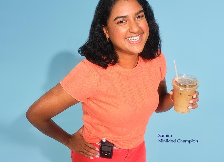 MiniMed Champion Samira holding an ice coffee