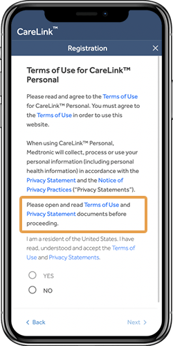 Terms of Use and Privacy Statement screen