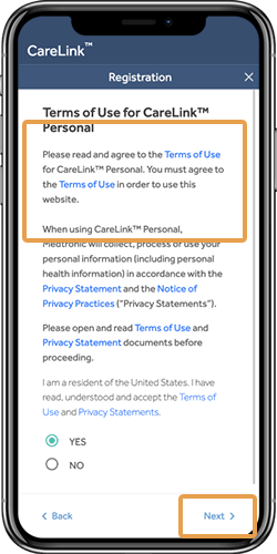Terms of Use and Privacy Statement screen