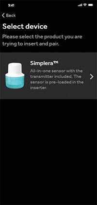 Simplera app screen - select device