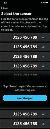 Simplera app screen - Select serial number
