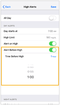 Set Time Before High screen