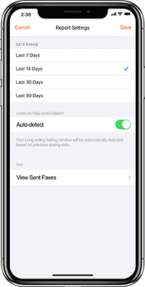 Report settings logbook screen InPen app