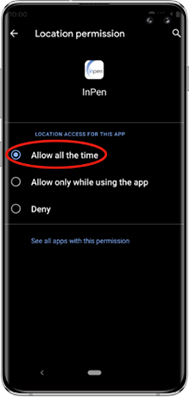 InPen phone app permissions 