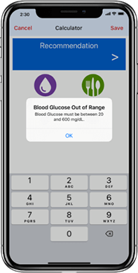 Blood glucose range screen InPen app