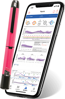 Pink InPen and phone showing glucose data