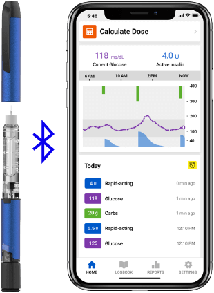 Image of the InPen™ smart insulin pen system showing a smart phone with app screen, bluetooth symbol and blue InPen with the cap off