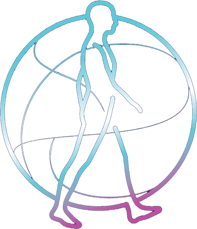 Graphic art image of male silhouette walking in blue and purple colors 