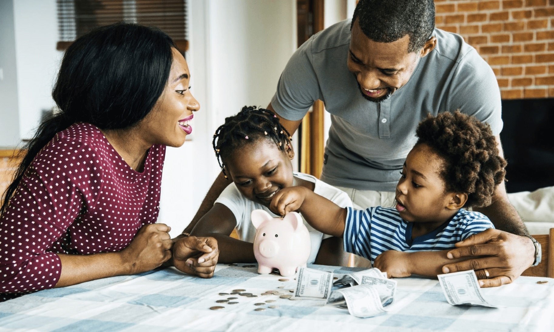 Family with a piggy bank