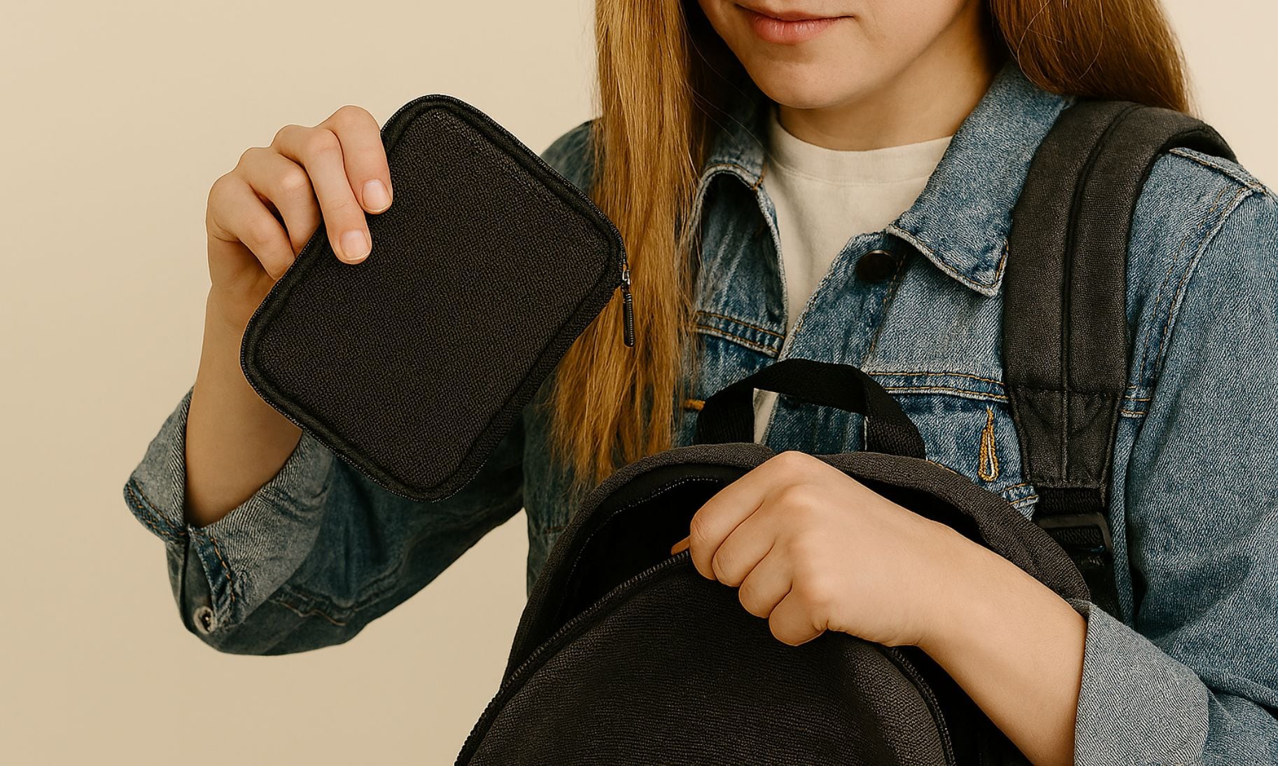 Girl putting diabetes emergency kit in backpack