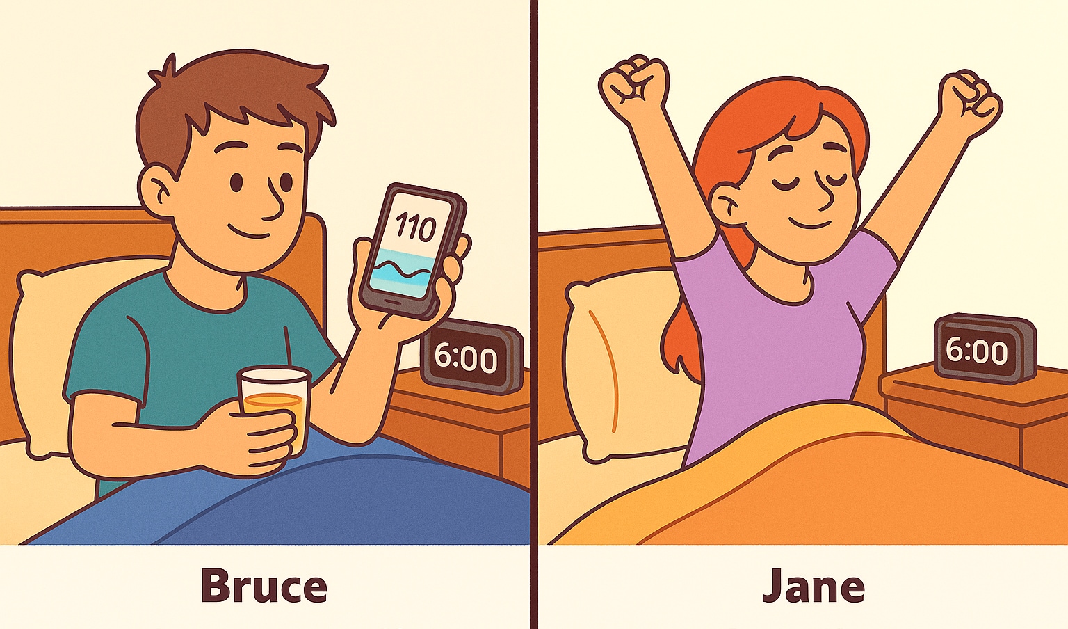 Man holding juice and phone in bed. Woman stretching in bed.
