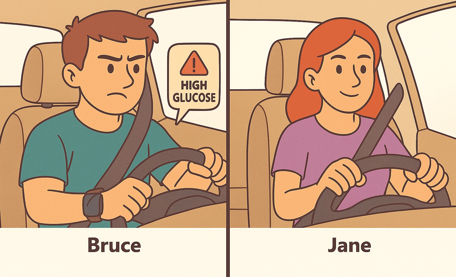 Man driving with glucose alert on watch. Woman driving.