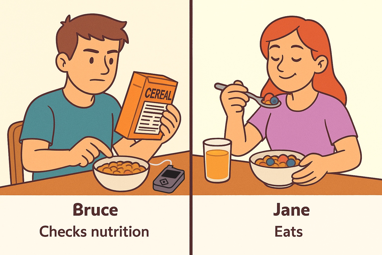 Man with diabetes reading cereal label. Woman eating her cereal.