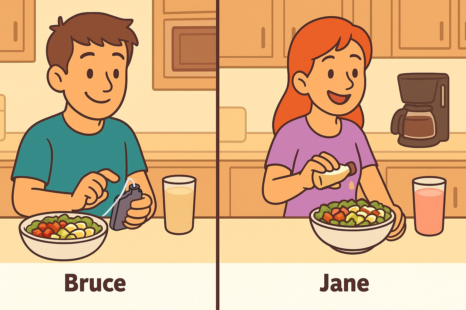 Man with diabetes entering carbs into insulin pump. Woman in kitchen..