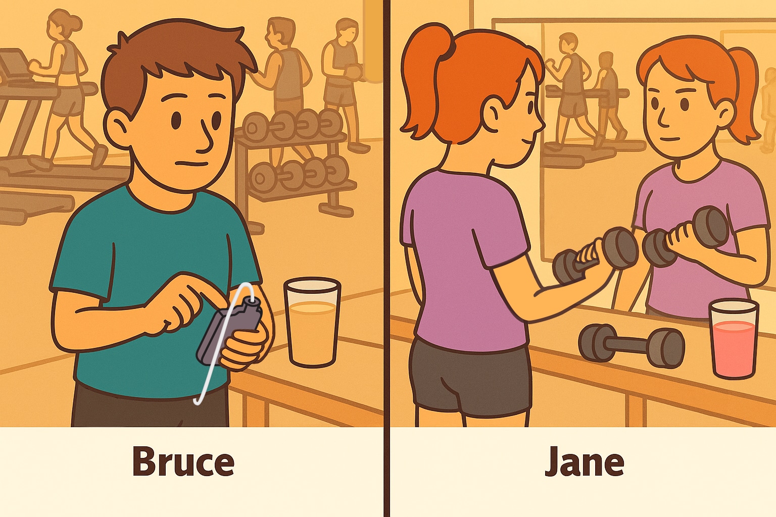 Man with diabetes entering temp target. Woman working out.