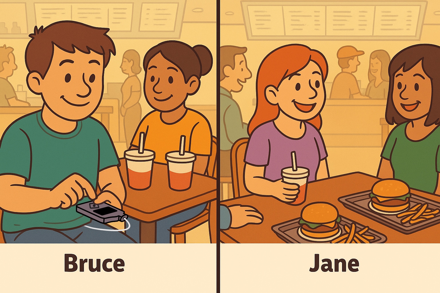 Man with diabetes entering carbs into insulin pump. Woman at a restaurant.